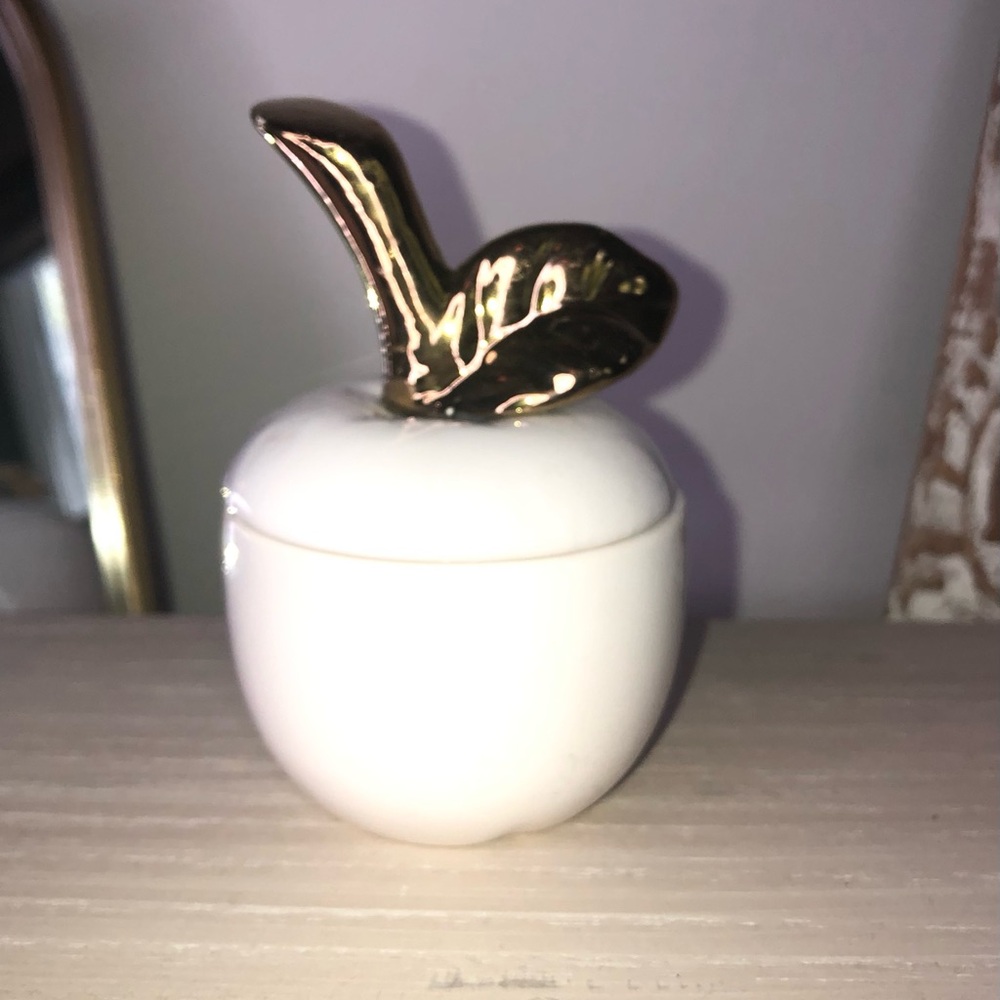 Apple ceramic trinket box White with gold tone stem Teacher gift